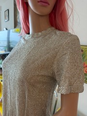 💿Vtg 60s Silver Lurex Metallic Space Age Go-Go Shift Dress Twiggy Mod Party M L