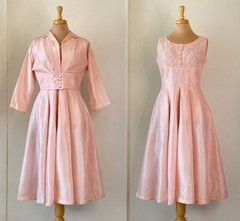 Vintage 1960s 16 L Pink Satin Dress & Cropped Jacket Set Lace Yoke Fit Flare