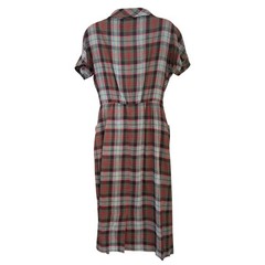 Vtg Distinctively Miss Brett Plaid Midi Dress Rockabilly Dark Academia Red Grey
