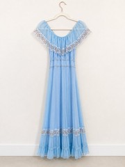 Vintage 70s Prairie Cottagecore Blue Lace Maxi Dress Off Shoulder Small