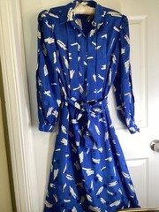 90s Billy Jack for Her Blue Geo Blouson Belted Dress Shoulder pads Puffy Sleeves