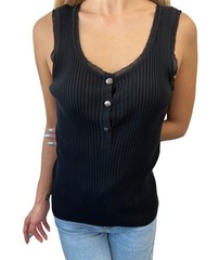 CHANEL Vintage 08P CC Logo Button Ribbed Knit Tank Top #42 Black Silver Cotton