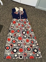 Vtg Mod Geometric Print Maxi Dress Red White & Blue 60s 70s Retro Hostess Op Art