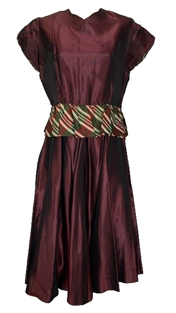 Vintage 1940s purple peplum midi dress XS red green plaid formal short sleeve