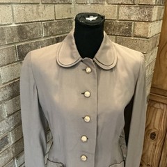 40s 50s VINTAGE Ruth Taupe Suit Jacket Midi Skirt Set Green Lining Size XS #45E3