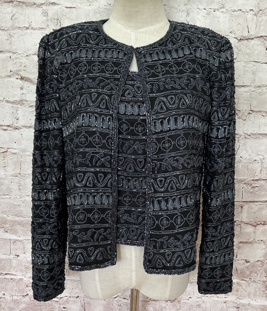 Vintage Stenay Black Beaded Silk Evening Jacket + Beaded Cami Blouse Petite PP