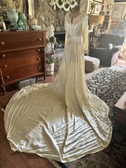 VTG 30s 40s Slipper Satin Ivory Wedding Dress Bridal Gown Long Train Art Deco
