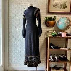 Vintage 1970s Wenjilli Long Sweater Dress Metallic Lurex Glitter Knit Gown
