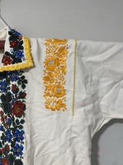 Vintage Hand Embroidered Beaded Folk Dress Robe White Floral Yellow Trim
