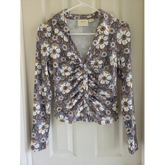Maeve Anthropologie Retro 70s Floral Ruched Button Down Top Blouse Brown Blue S
