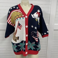 American Patriotic short sleeve cardigan sweater Made in USA Vintage Bear Flag