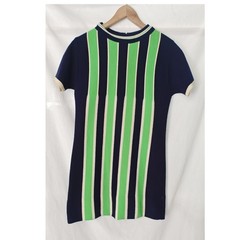 Voguester Jr Knit Mini Dress Navy Green Striped Mock Neck Short Sleeve 1960s S