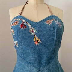 Vintage 1970s Denim Halter Dress with Appliqué Halter Open Back Extra Small XS