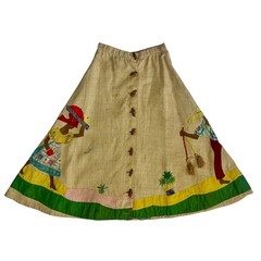 Vintage 1950s Caribbean Novelty Souvenir Linen Applique Bamboo Button Skirt