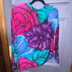 Vintage 80s Silk Oversized Floral Power Blouse Purple Magenta Vintage Medium