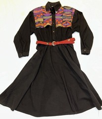 VTG ‘80’s Western Fit Flair Dress Black Maxi Aztec Yoke Red Concho Belt USA SZ L