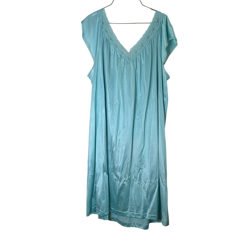 Vintage Vanity Fair Aqua Blue Nylon Nightgown Lace V-Neck XL Made in USA 70s