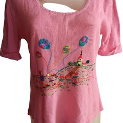 True Vintage 1970’s Top Large Pink Embroidered Balloon Village Boho Disco Hippy