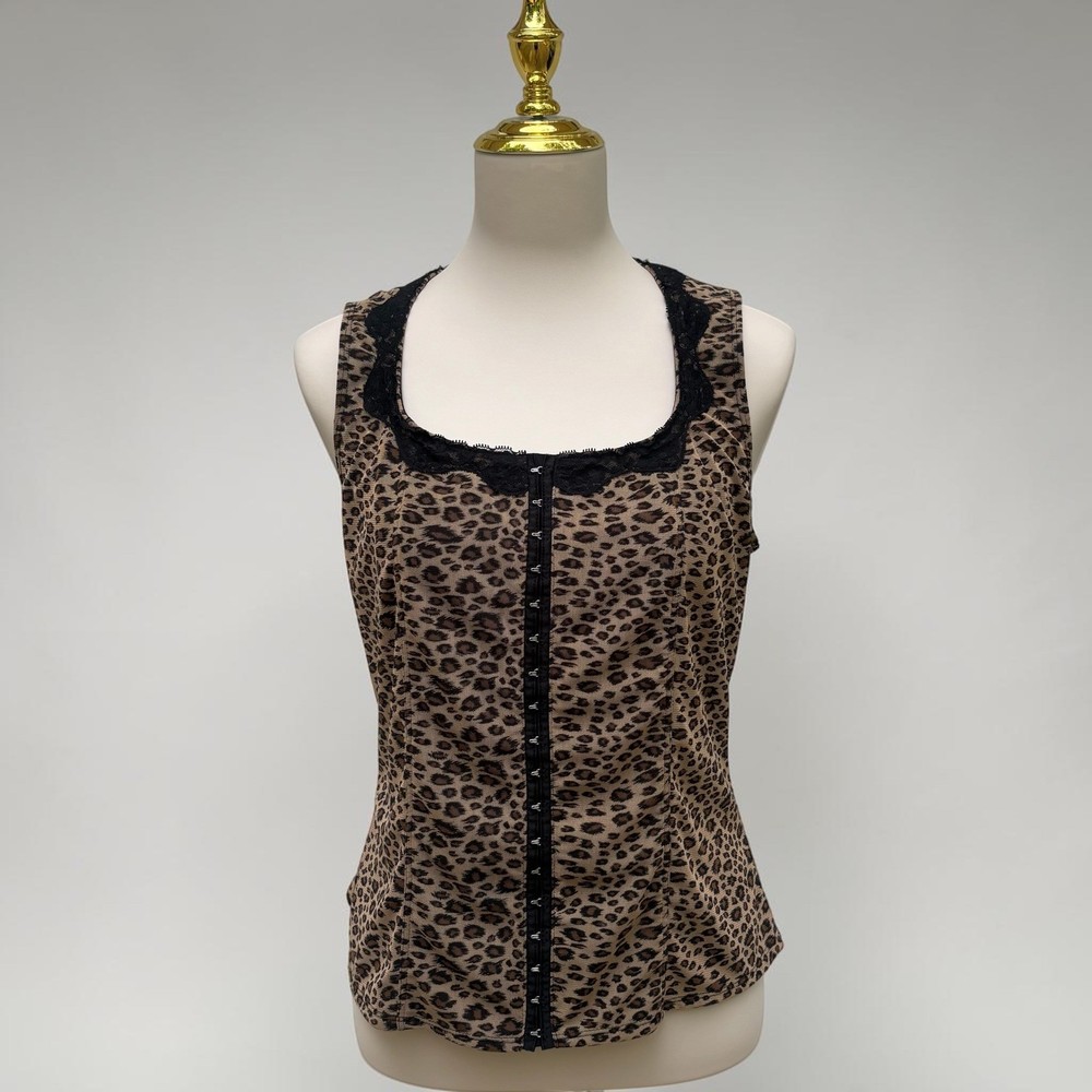 VTG Venezia Leopard Corset Top 14/16 Brown Lace Hook Eye Y2K Indie Sleaze Grunge
