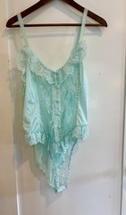 vtg DELICATES TEAL BRIDAL HONEYMOON body suit HI LEG TEDDY Satin & Lace sz L