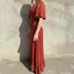 Vintage 1930s Red Deco Snakeskin Brocade Satin Rayon Dress Bonwit Teller Ruffle