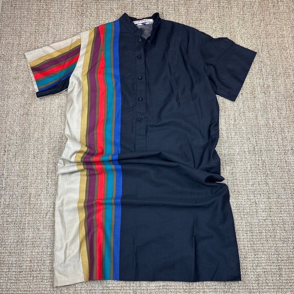 Katherine Ogust Penthouse Gallery Vintage Color Block Stripe Dress Black 70s