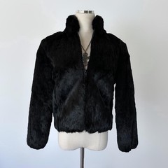 Vintage Black Genuine Rabbit Fur Grunge Goth Zipper Jacket