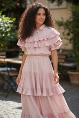 Vtg 70s Howard Wolf Pink Pleated 2pc Set Tiered Maxi Skirt & Flounce Cape Top
