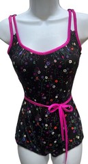 Vtg 80s Gabar Ditsy Floral Bathing Suit 10 One Piece Belt Tie Black Colorful Wow