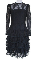 Vintage 80s Black Tiered Lace Dress M Women Long Sleeves Goth Victorian