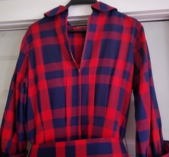 PRISTINE Vintage Gigi Young Linen Belted Pleated Shirtdress Checkered Red & Blue