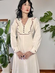 VTG 70s Lace Bib Crochet Trim Cotton Prairie Maxi Dress XS/S Cottagecore