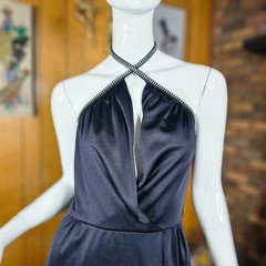 Vtg 70s Slinky Disco Plunging Liquid Jersey Lilli Diamond Halter Evening Dress S