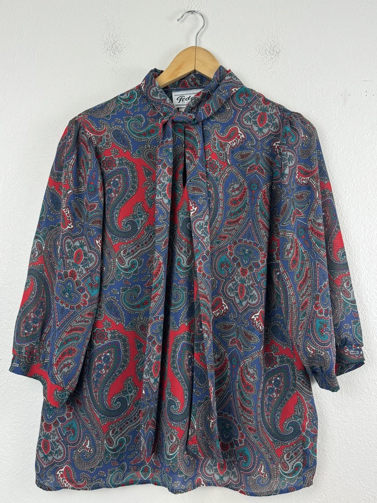 Vintage 1970s Teddi Of California Boho Blouse Top Half Sleeve Neck Tie Size 14