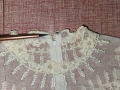 VTG 1970s Beaded Wedding Dress High Neck Illusion Lace Angel Sleeve ILGWU Train