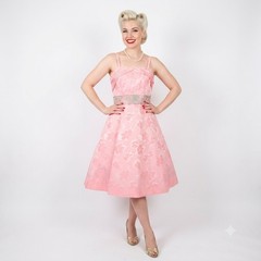 Neon Pink Evening Dress Ladies M Silver Lace Brocade Prom Princess Barbie 50s Vt