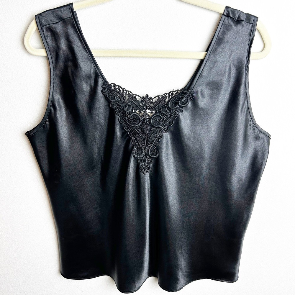 Vintage Escapades Black satin camisole dainty coquette girly blouse size: L