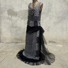 Antique 1920s Black & Silver Gown Beading Lace Hearts Rhinestones Ruffle Vintage