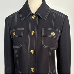 Vintage Navy Blazer Reverse Stitch Gold Tone Buttons Silky Mint Green Lining EUC