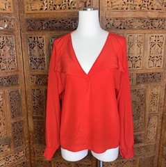 Vintage 80s Krizia Italy SILK Red Blouse Designer Avant garde Logo Button 40 M L