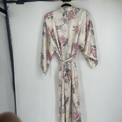 Vintage 90s Adonna Satin Robe Floral White Pink Romantic Belt Large