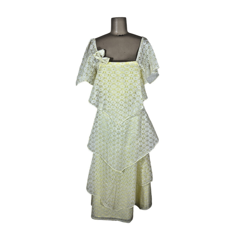Vintage Yellow Tiered Eyelet Lace Country Cottage Chic Prarie Maxi Prom Dress