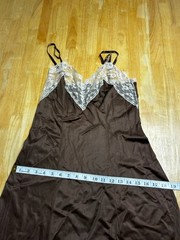 Vintage 1960’s Van Raalte Brown lace trimmed full slip 34 A White Made In USA