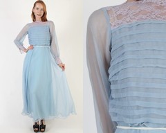 Vtg Blue Chiffon Monochrome Maxi Dress 70s Lace Trim Victorian Sheer Formal Gown