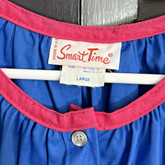 Vintage SMART TIME House Dress Size Large Blue Embroidered Lightweight Button