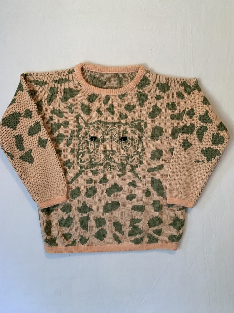 Vintage 80s Precious Knits Leopard Sweater Long Sleeve Pink Green Unmarked FLAW
