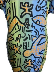 90s RARE Haring Style Pop Art Graphic Dress Dancing Figures Passport Pier 1 Sz.S