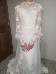 VTG 1970s Beaded Wedding Dress High Neck Illusion Lace Angel Sleeve ILGWU Train