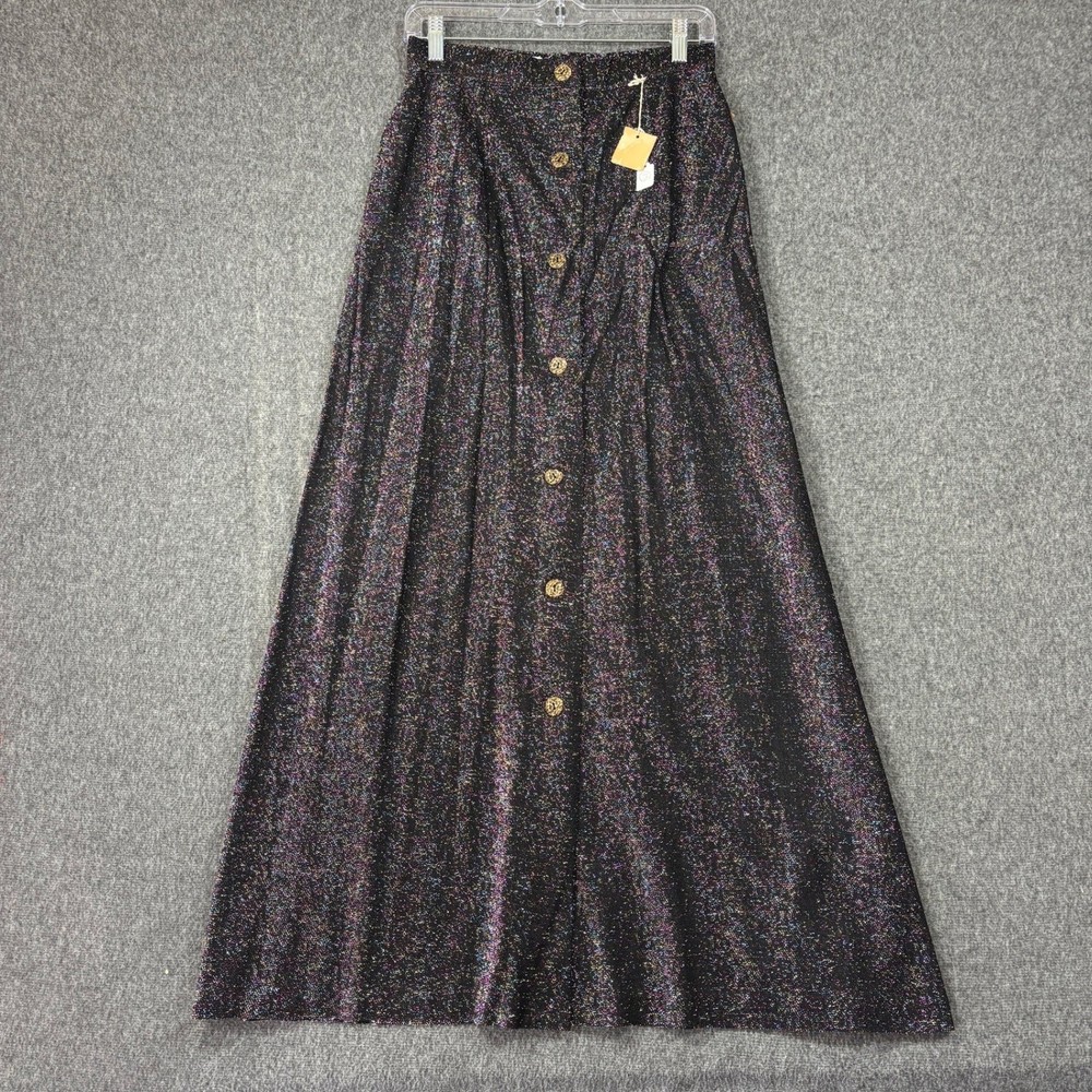 Vintage Rainbow Metallic Glitter Maxi Skirt Black Button Front High Waist 10 NEW