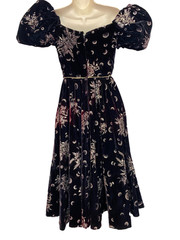 Vintage 1980s velvet moon dress puffed sleeve formal novelty print black gold S